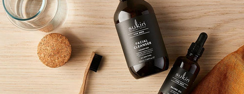 Sukin for Men Skincare products on wooden table
