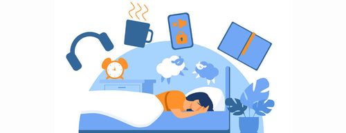 woman struggling to sleep with phone, coffee and distractions