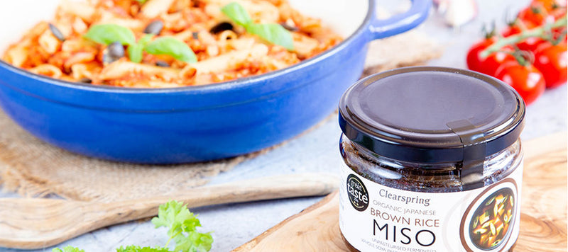 Clearspring's Brown Rice Miso Bolognese with miso jar