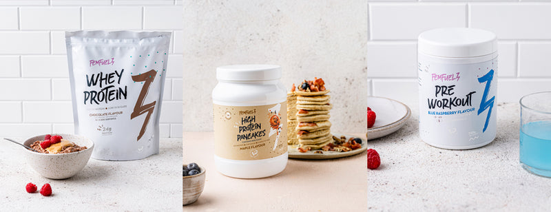 Femfuelz whey protein, pancake mix and pre-workout