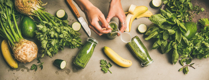 healthy greens and smoothies and fresh fruit 