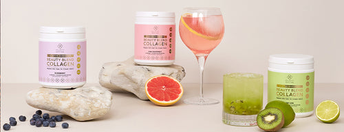 Selection of Plent Beauty Collagens with fresh fruits and juice drinks