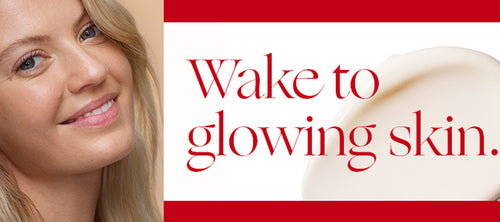 smiling woman with 'wake to glowing skin'