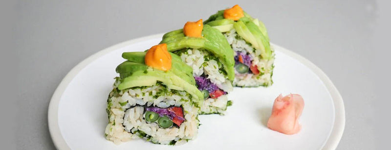 Vegan Dragon Roll Sushi on a white plate