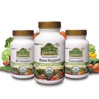 Nature’s Plus Source of Life Garden products with fruit and vegetables in the background