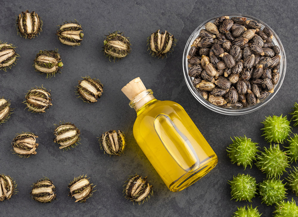bottle of oil on black background surrounded by castor seeds