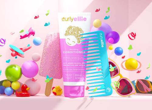 Curly Ellie hair care, with colourful comb and ice-cream