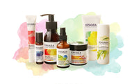 kinvara skincare products on colourful background