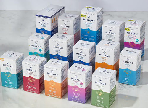 Colourful Minami Nutrition Omega 3 oil boxes