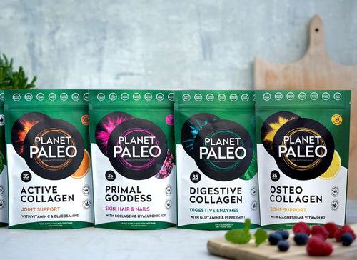 packets of planet paleo collagen in a kitchen setting