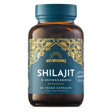A bottle of Ayurvediq Shilajit &amp; Ashwagandha vegan capsules