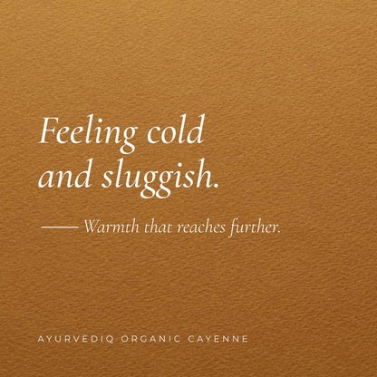 Aurvediq Organic Cayenne graphic featuring a warm brown textured background with white text that reads, &