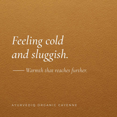 Aurvediq Organic Cayenne graphic featuring a warm brown textured background with white text that reads, &