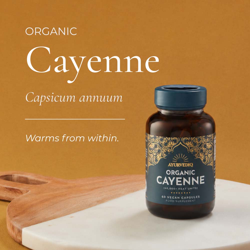 A bottle of Ayurveda Organic Cayenne capsules