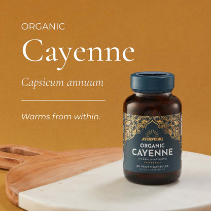 A bottle of Ayurveda Organic Cayenne capsules