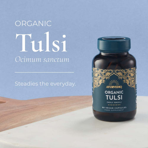 A bottle of Ayurvedic Organic Tulsi 