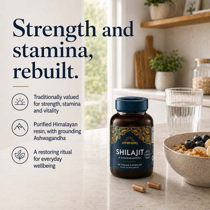 A bottle of Ayurvediq Shilajit capsules sits on a kitchen counter beside a glass of water and a bowl of oats with blueberries. Large marketing text on the left reads, &