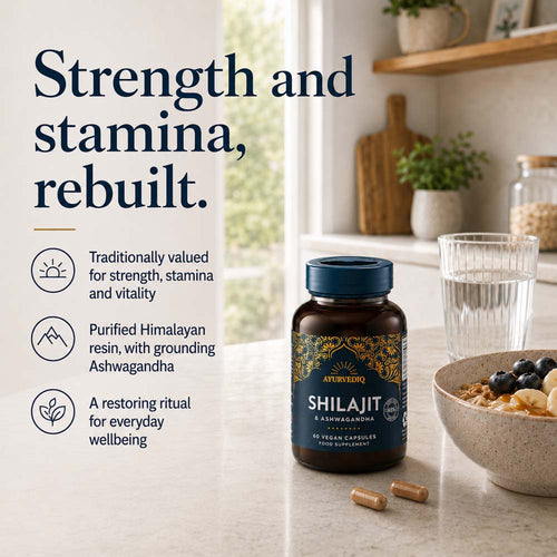 A bottle of Ayurvediq Shilajit capsules sits on a kitchen counter beside a glass of water and a bowl of oats with blueberries. Large marketing text on the left reads, &