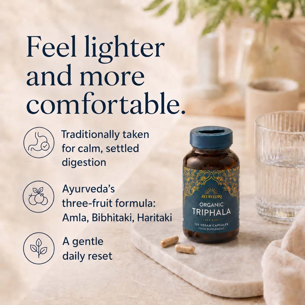 A bottle of All Overly Organic Triphala herbal supplement capsules with text on the left describing its benefits for digestion and calm.