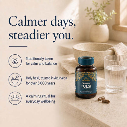 A bottle of Organic Tulsi Ayurvedic capsules
