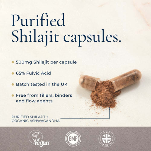 Promotional graphic for Purified Shilajit capsules, showing a broken capsule with brown powder spilled out on a light background. Text highlights 500mg Shilajit per capsule, 65% Fulvic Acid, UK batch testing, and no fillers or binders.