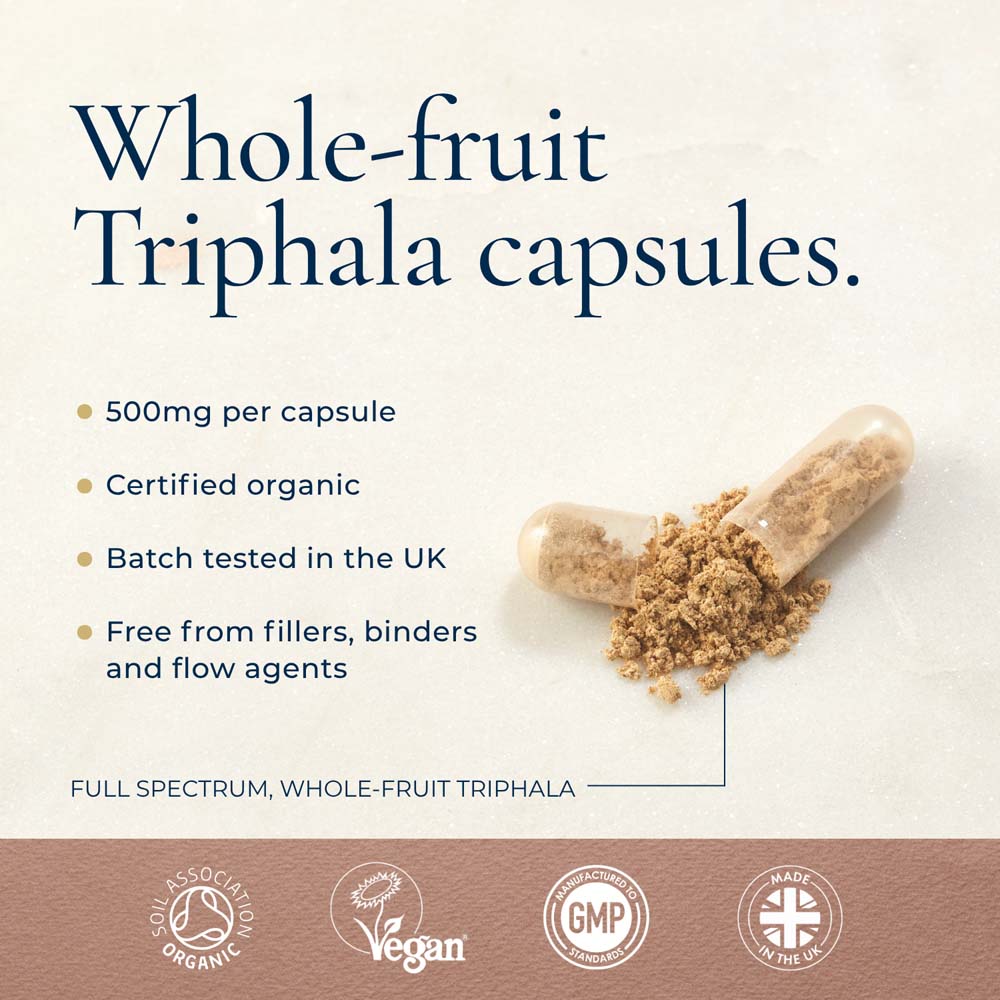 Promotional graphic for whole-fruit triphala capsules, showing a clear capsule half-filled with brown herbal powder and text listing benefits such as 500mg per capsule, certified organic, batch tested in the UK, and free from fillers.