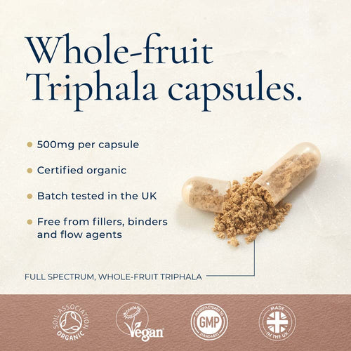 Promotional graphic for whole-fruit triphala capsules, showing a clear capsule half-filled with brown herbal powder and text listing benefits such as 500mg per capsule, certified organic, batch tested in the UK, and free from fillers.