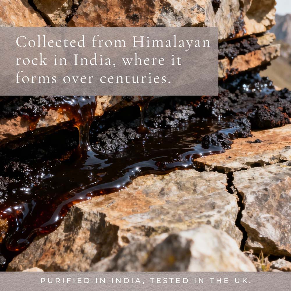 Dark amber resin or honey pooling on rough rock in an outdoor setting, with overlaid text reading &