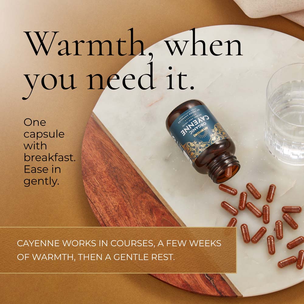 A bottle of Cayenne capsules lies on a white marble tray with several capsules scattered beside it, alongside a glass of water. Large text reads, &