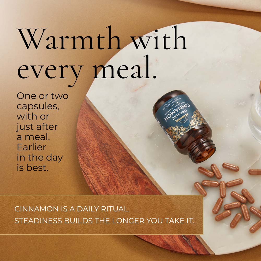 Ayurvediq Organic Cinnamon bottle, capsules and text reading &