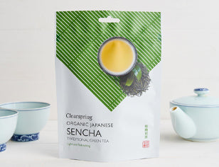 Packed of Clearspring Sencha Tea with teapot and cups