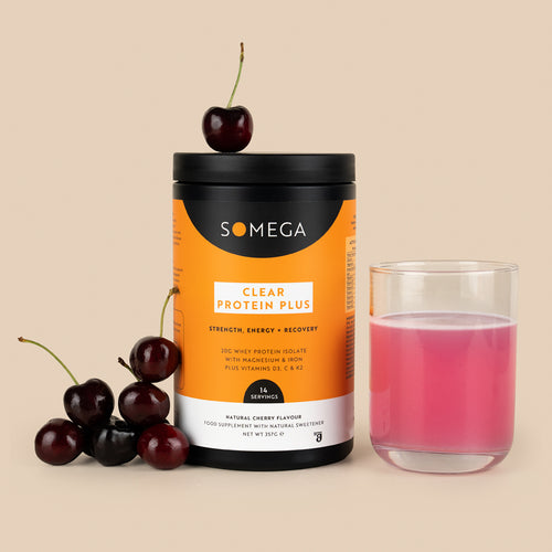 Somega Clear Protein Plus 357g container with drink
