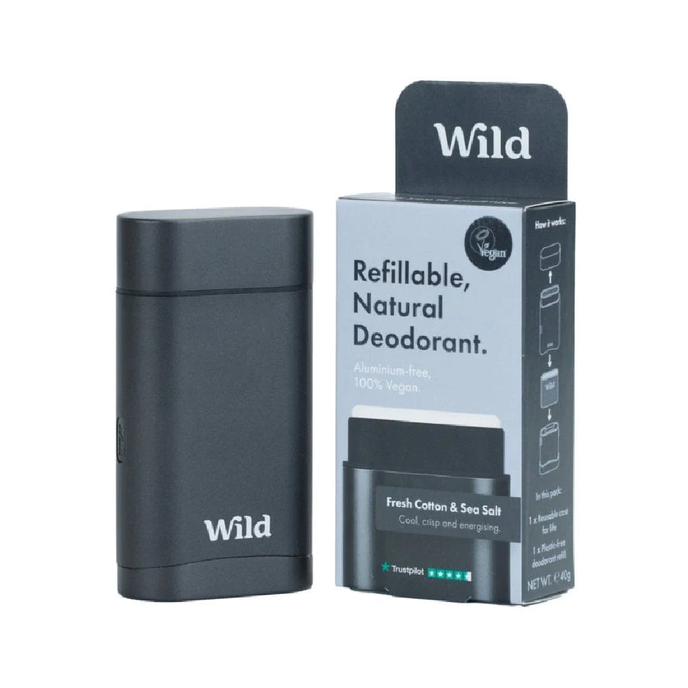 Wild Natural Deodorant Mens Cotton &amp; Sea Salt Refillable Deodorant Starter Pack