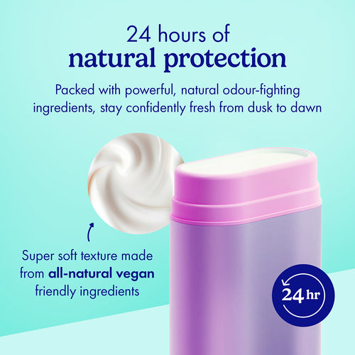 Wild Coconut Vanilla Refillable Deodorant - A lavender and pink cylindrical stick product on a light blue background with promotional text. 