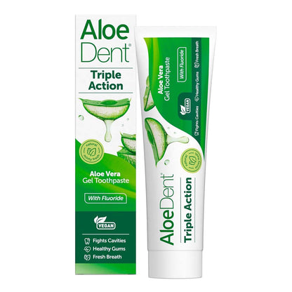 A box and tube of AloeDent Triple Action Aloe Vera Gel Toothpaste.