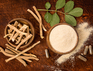 Ashwagandha root, powder and capsules on brown background