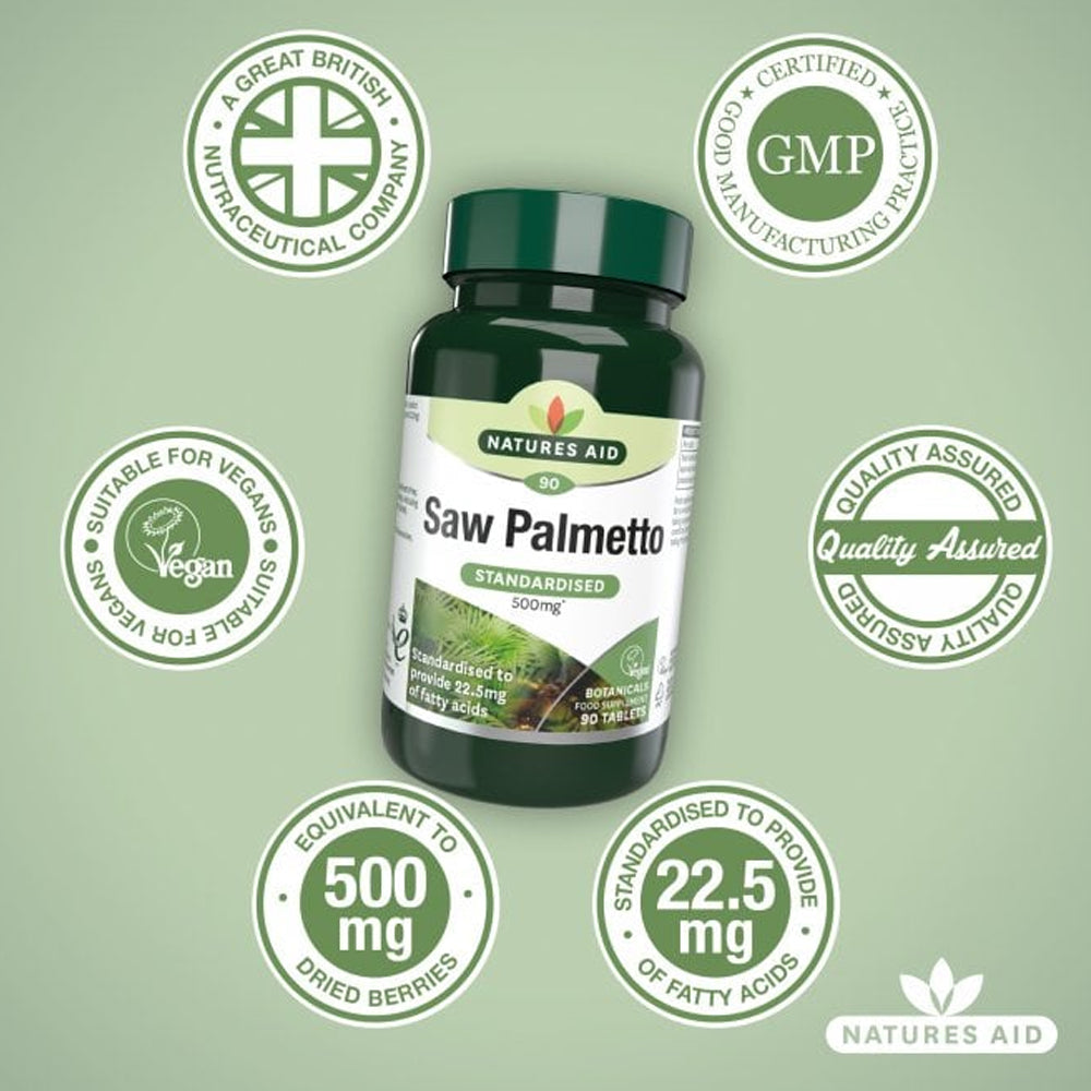 Natures Aid Saw Palmetto supplement bottle with certification logos on a green background