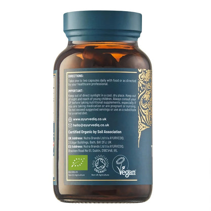 Ayurveda Organic herbal supplement capsules in bottle showing the back label.