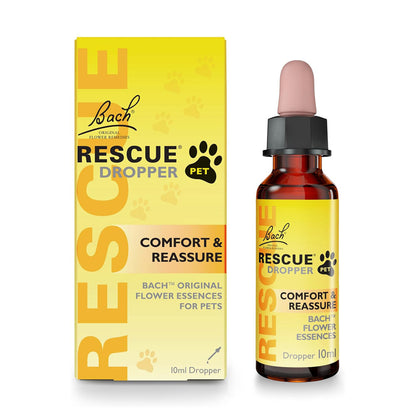 Bach Rescue Dropper Pet Comfort &amp; Reassure flower essence, shown with its yellow packaging box and amber glass dropper bottle on a white background.