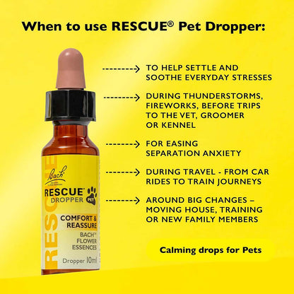 Bach Rescue Pet Dropper bottle on a bright yellow background with usage text and arrows explaining when to use the calming drop.