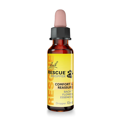 A 10ml dropper bottle of Bach Rescue Pet Comfort &amp; Reassurance essential oil on a white background.