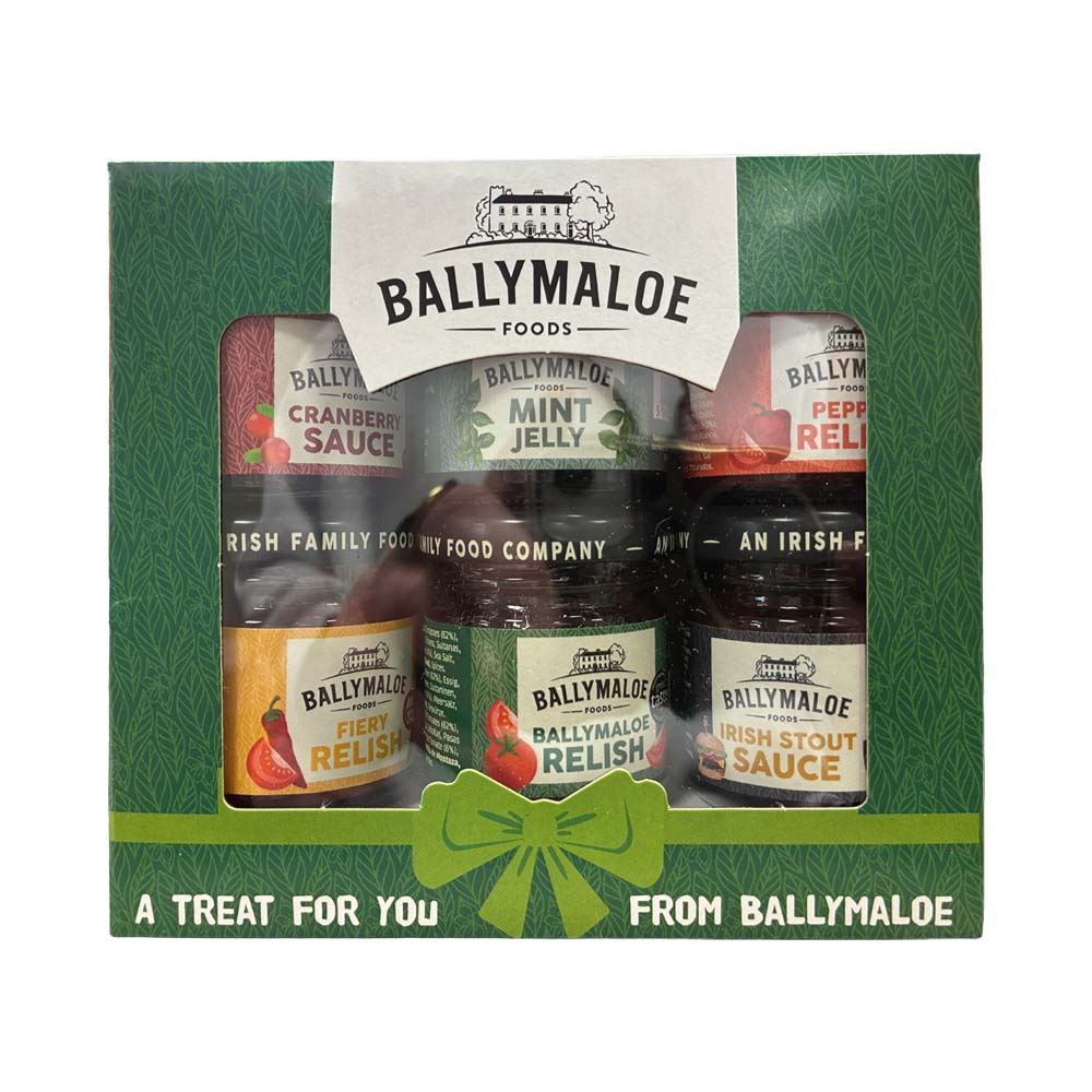 Ballymaloe Mini Pack Sauces in green gifting box with text under an illustration of a ribbon saying &