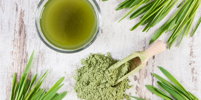 barleygrass leaves, powder and drink on a wooden surface