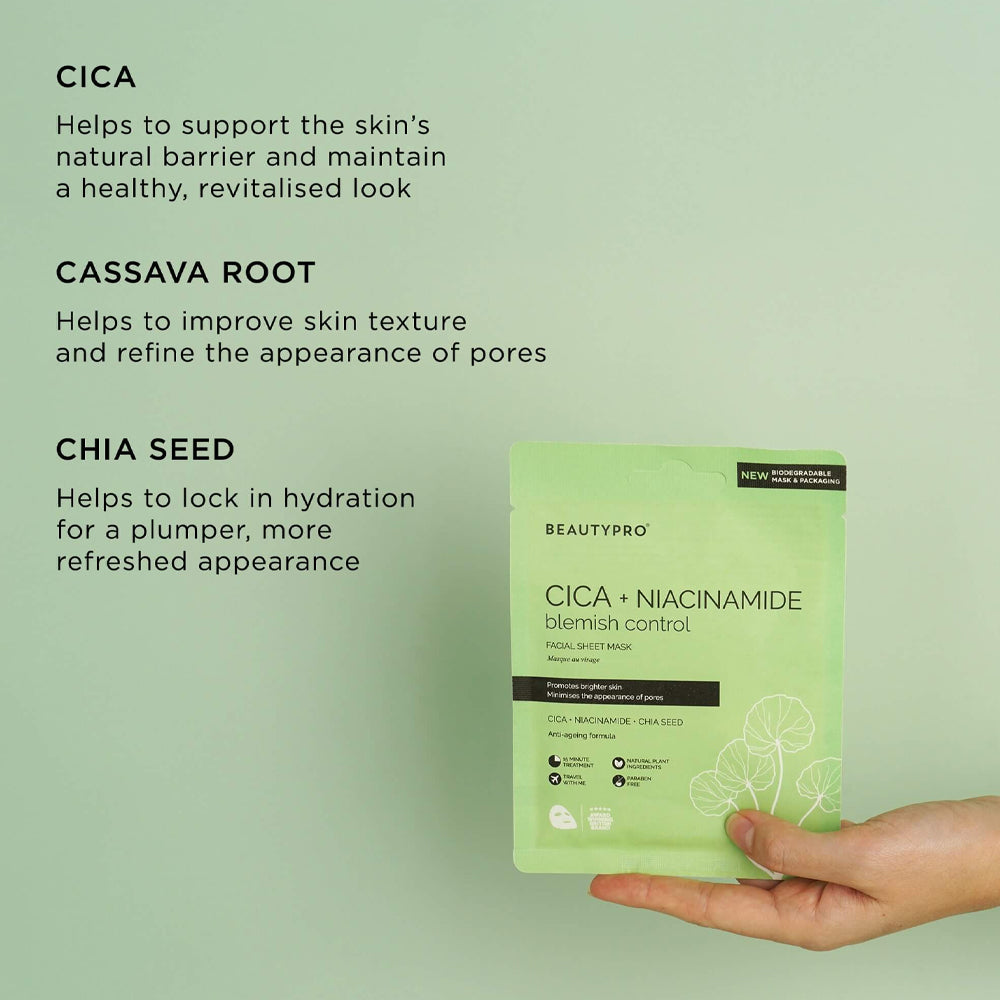 Hand holding a green facial sheet mask with text about CICA, Cassava Root, and Chia Seed benefits on a light green background.