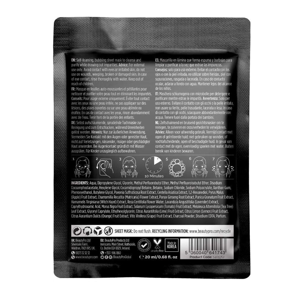 Back view of a black skincare mask packaging with text and icons.