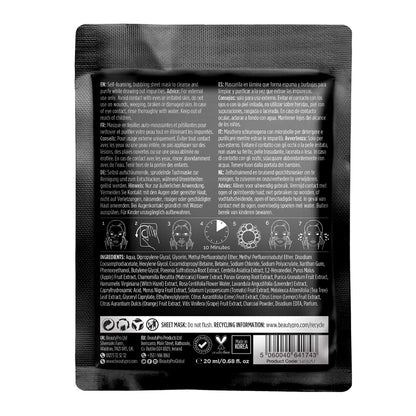 Back view of a black skincare mask packaging with text and icons.