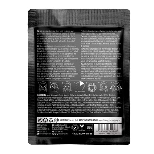 Back view of a black skincare mask packaging with text and icons.