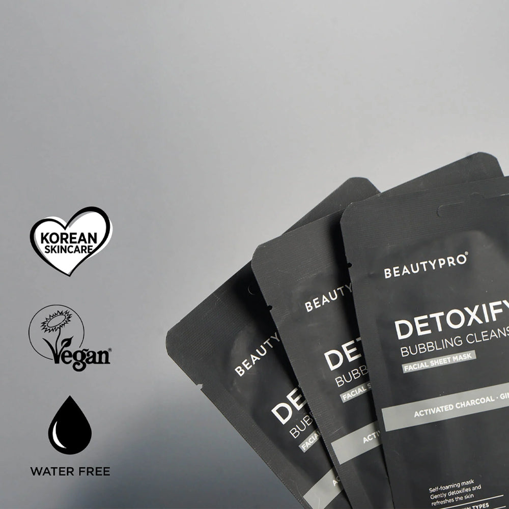 BEAUTYPRO detoxifying bubbling cleanser packaging on a gray background with brand logos.
