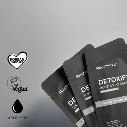 BEAUTYPRO detoxifying bubbling cleanser packaging on a gray background with brand logos.