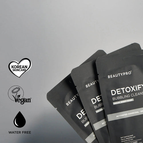 BEAUTYPRO detoxifying bubbling cleanser packaging on a gray background with brand logos.
